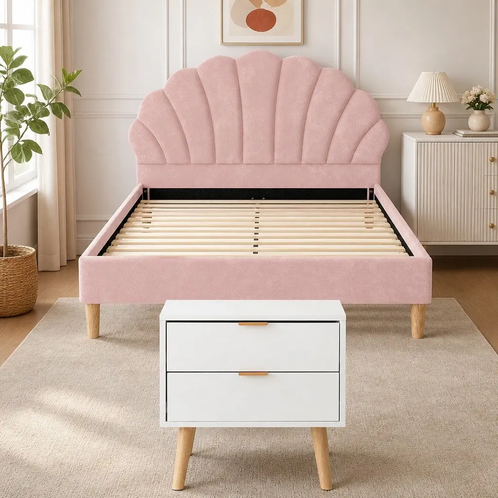 Pink Velvet Double Bed Frame with Scallop Headboard & 2 Drawer Table