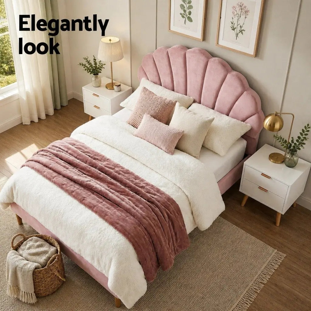 Pink Velvet Double Bed Frame with Scallop Headboard & 2 Drawer Table