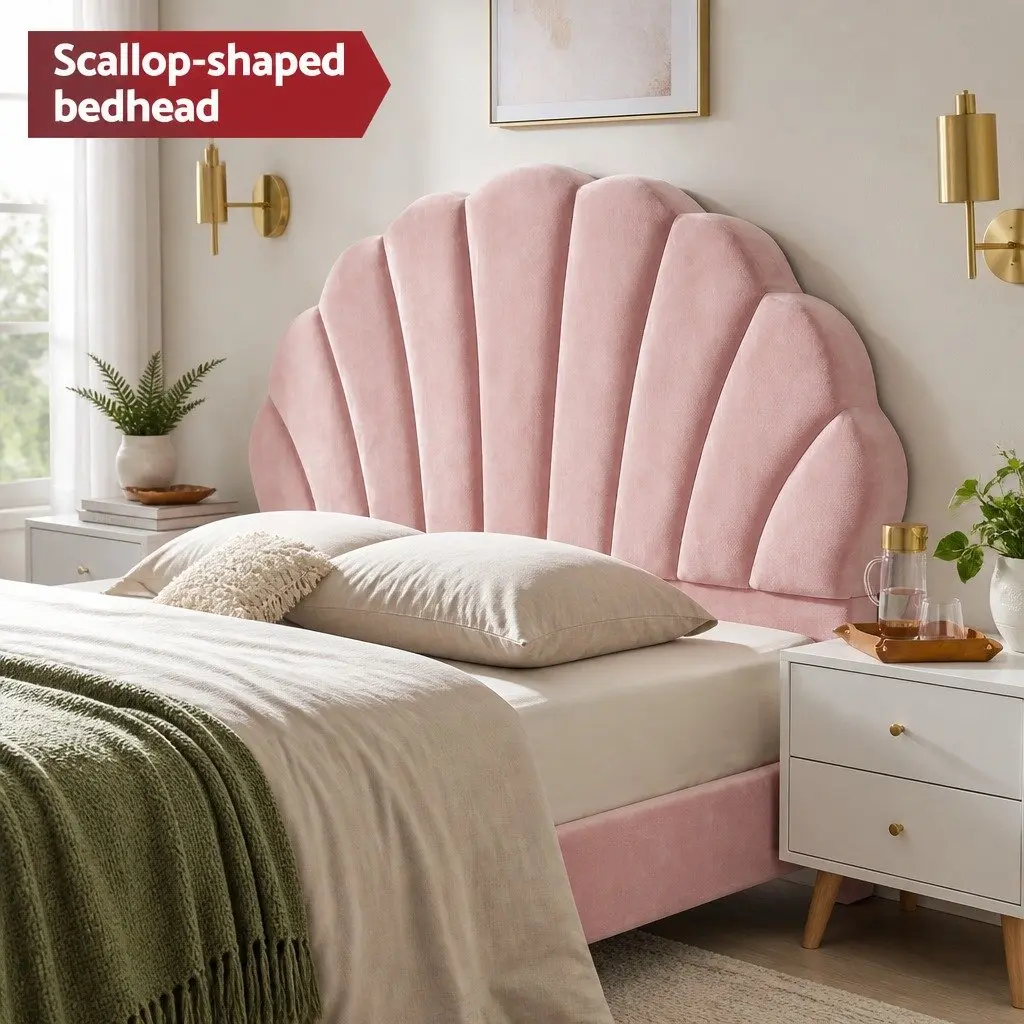 Pink Velvet Double Bed Frame with Scallop Headboard & 2 Drawer Table
