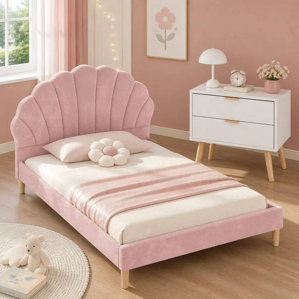 Pink Velvet Double Bed Frame with Scallop Headboard & 2 Drawer Table