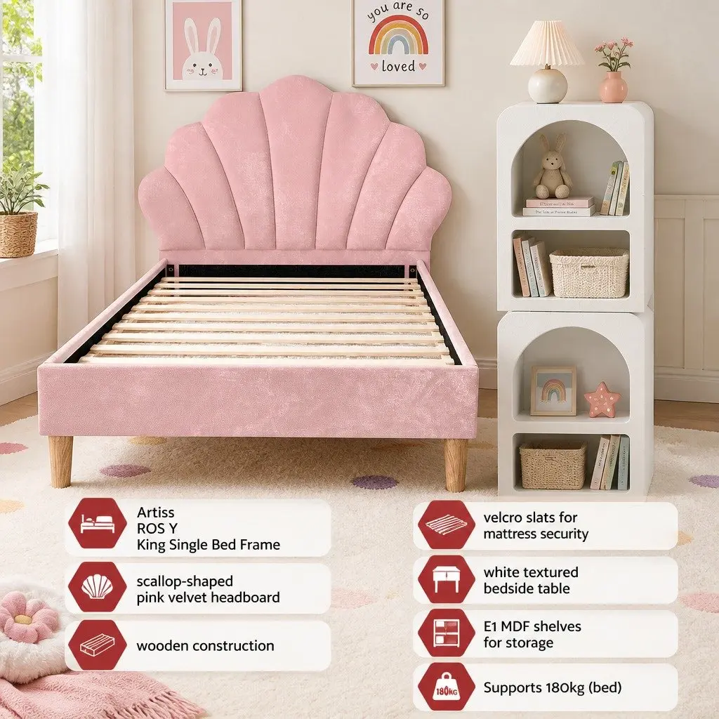 King Single Bed Frame with Velvet Headboard & Tables