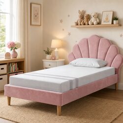 King Single Bed Frame with Scallop Pink Velvet and 20cm Memory Foam Mattress