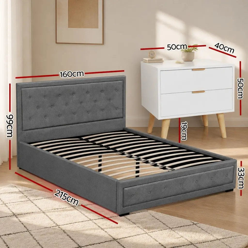 Queen Gas Lift Storage Bed Frame with 2 Drawer Bedside Table Grey Linen and Pine Wood