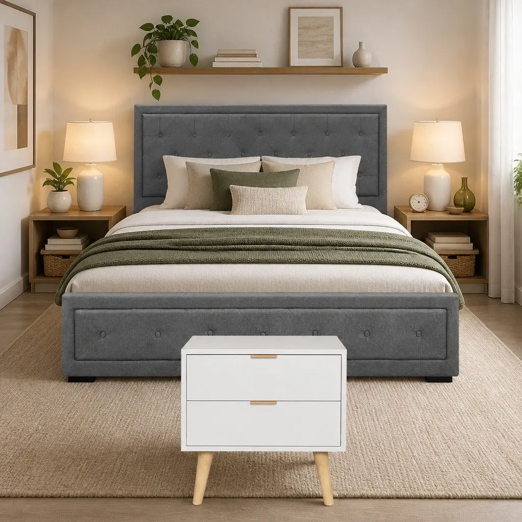 Queen Gas Lift Storage Bed Frame with 2 Drawer Bedside Table Grey Linen and Pine Wood