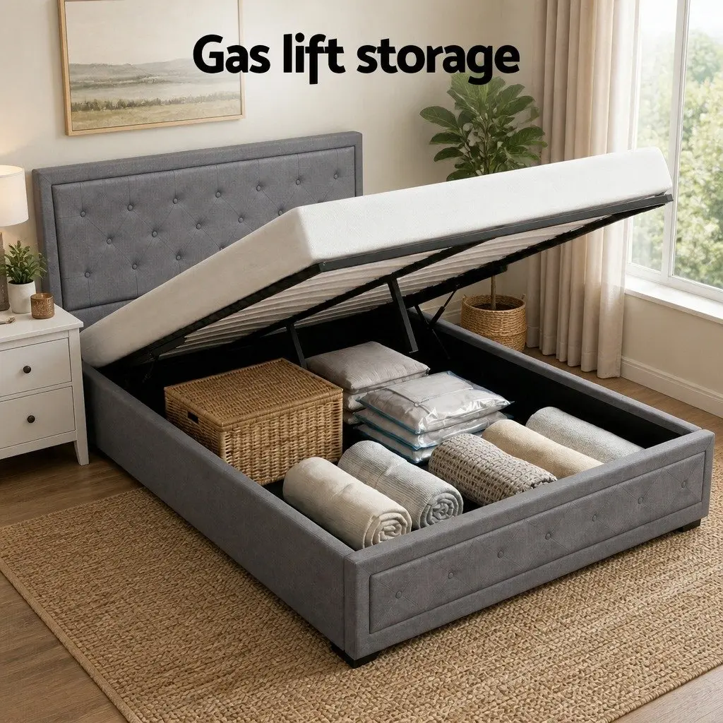 Queen Gas Lift Storage Bed Frame with 2 Drawer Bedside Table Grey Linen and Pine Wood
