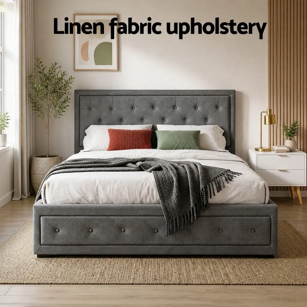 Queen Gas Lift Storage Bed Frame with 2 Drawer Bedside Table Grey Linen and Pine Wood