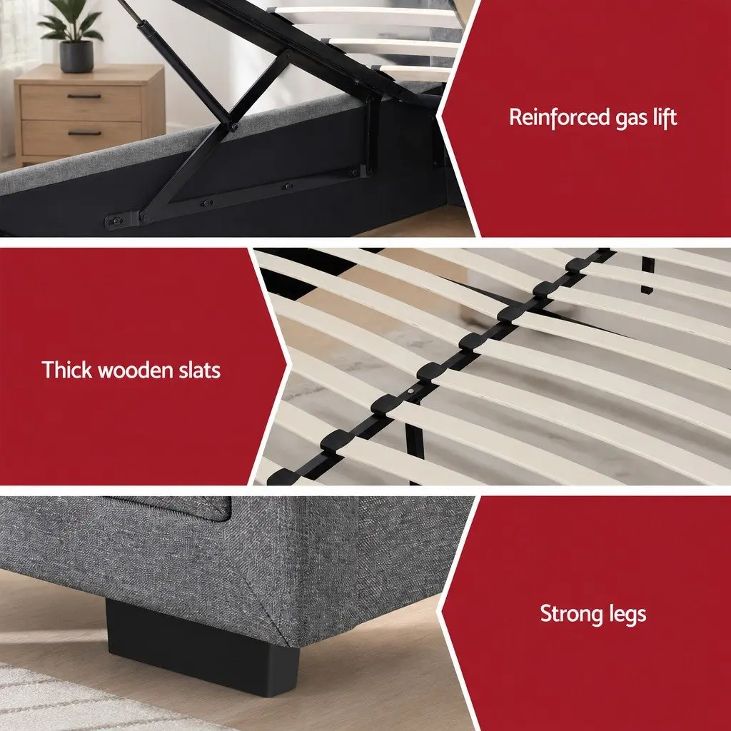 Queen Gas Lift Storage Bed Frame with 2 Drawer Bedside Table Grey Linen and Pine Wood