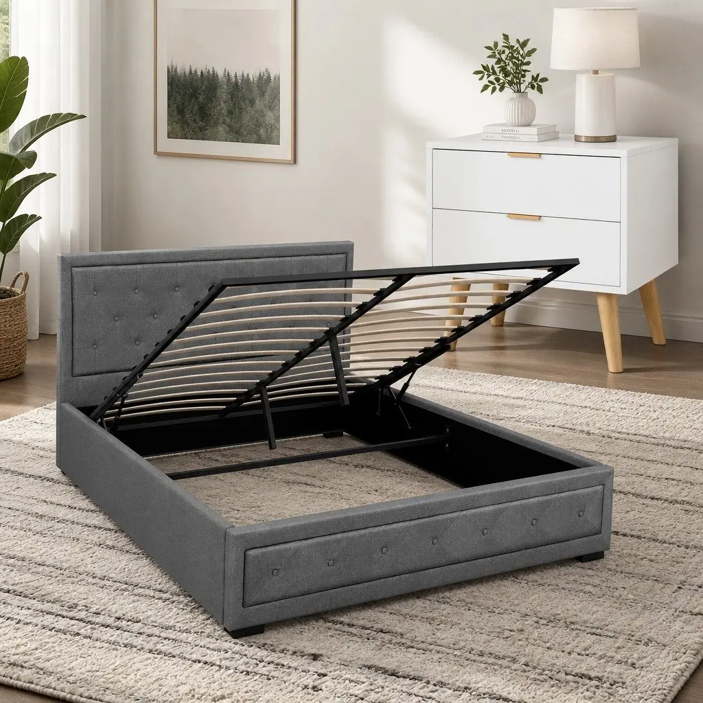 Queen Gas Lift Storage Bed Frame with 2 Drawer Bedside Table Grey Linen and Pine Wood