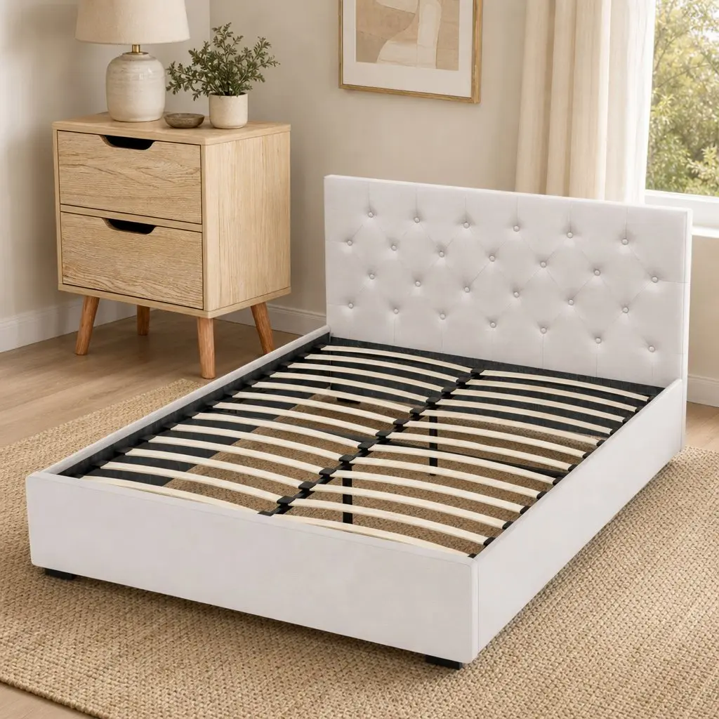 Double Bed Frame with Storage Gas Lift Base Tufted Headboard and 2-Drawer
