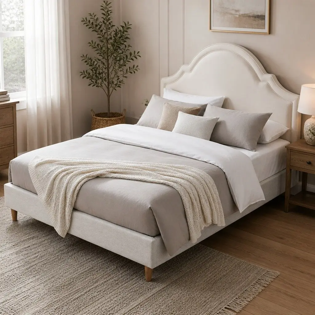 Queen Bed Frame Velvet Scalloped Headboard Wooden Slat Platform with Storage