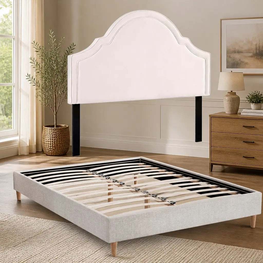 Queen Bed Frame Velvet Scalloped Headboard Wooden Slat Platform with Storage