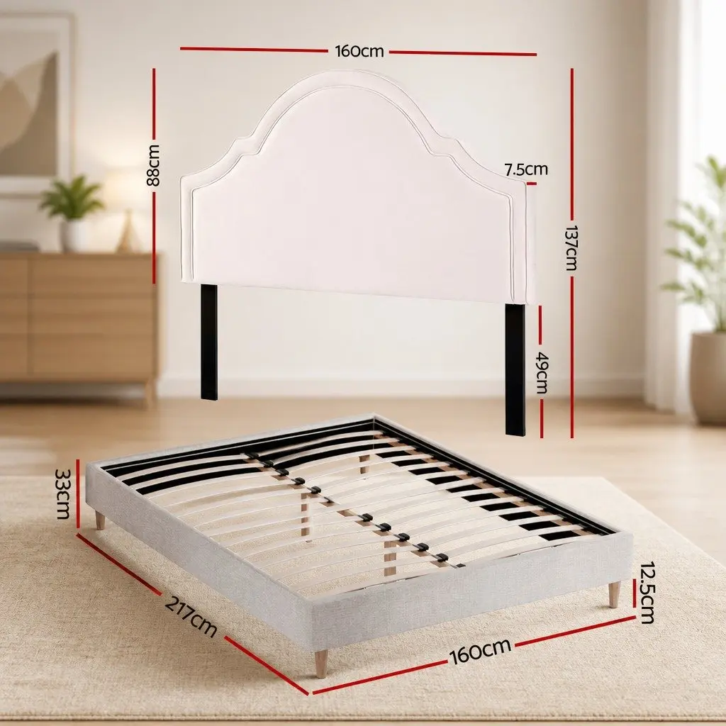 Queen Bed Frame Velvet Scalloped Headboard Wooden Slat Platform with Storage