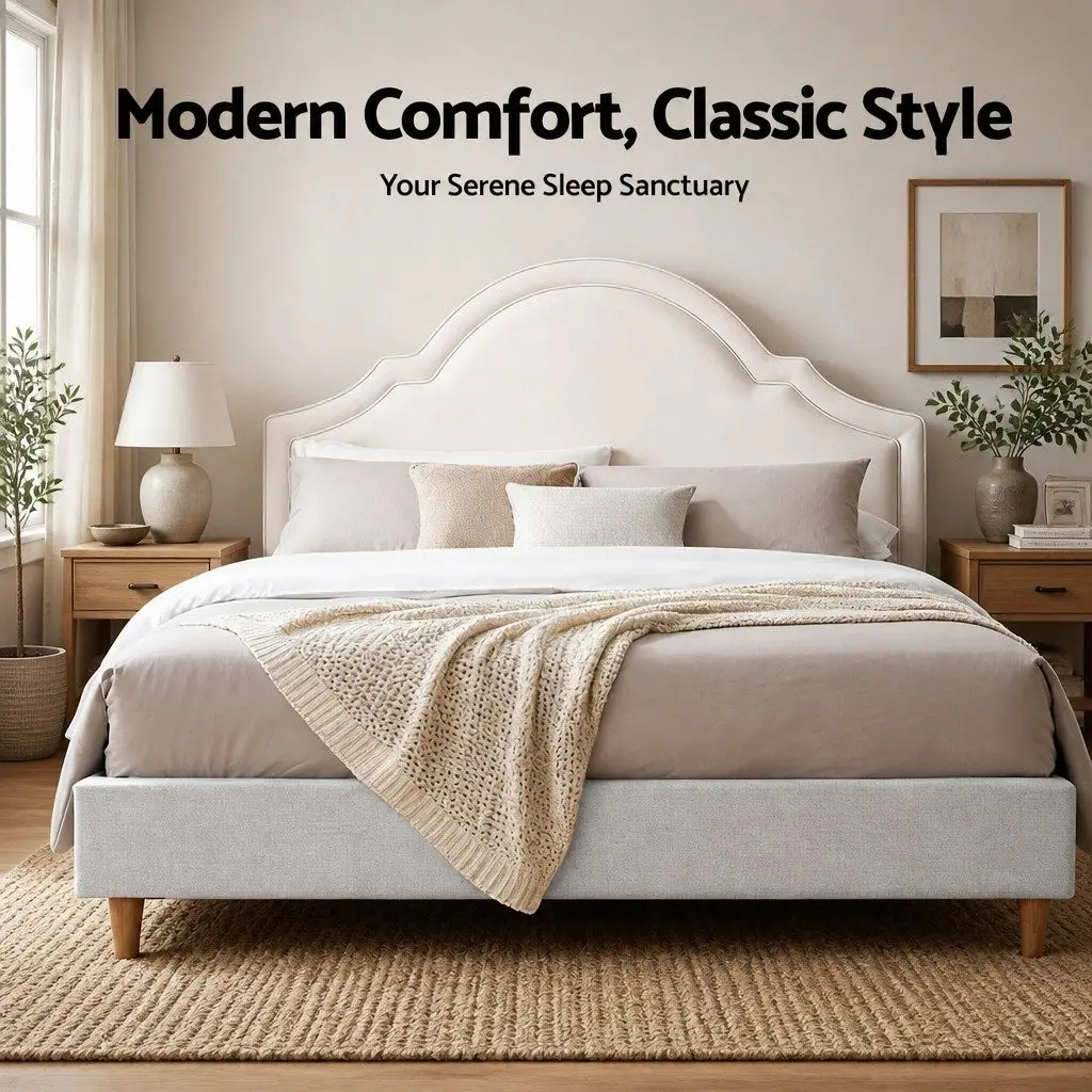 Queen Bed Frame Velvet Scalloped Headboard Wooden Slat Platform with Storage