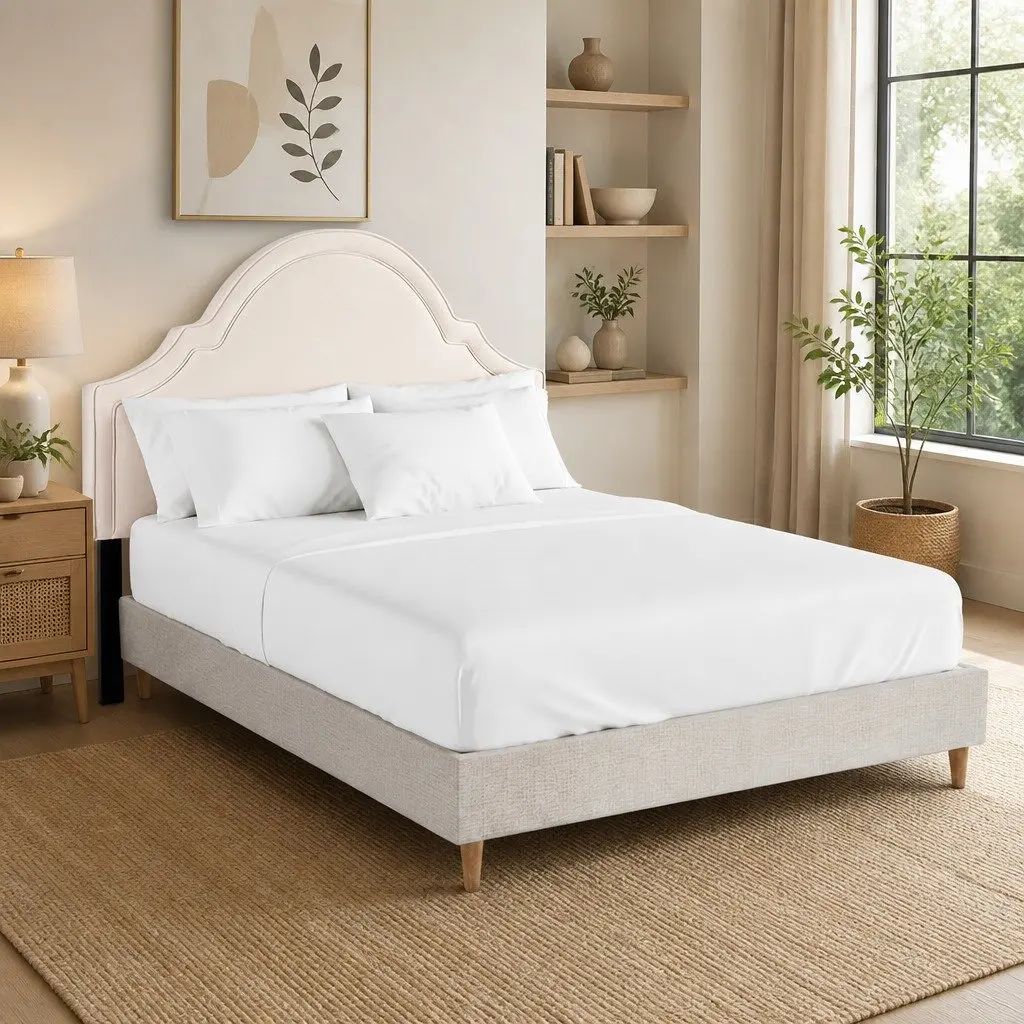 Queen Bed Frame Velvet Scalloped Headboard Wooden Slat Platform with Storage