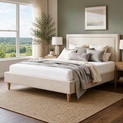 Beige Upholstered Queen Bed Frame with Platform Base