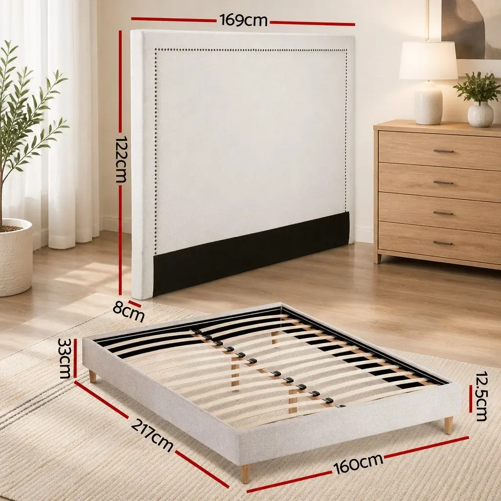Beige Upholstered Queen Bed Frame with Platform Base