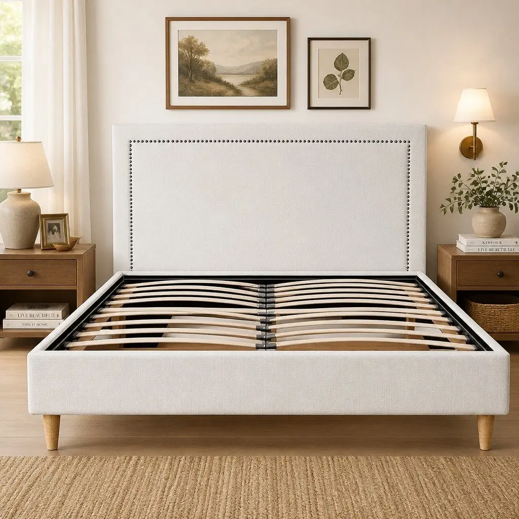 Beige Upholstered Queen Bed Frame with Platform Base