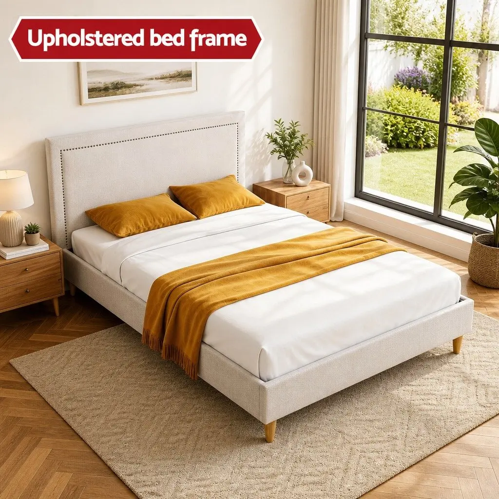 Beige Upholstered Queen Bed Frame with Platform Base