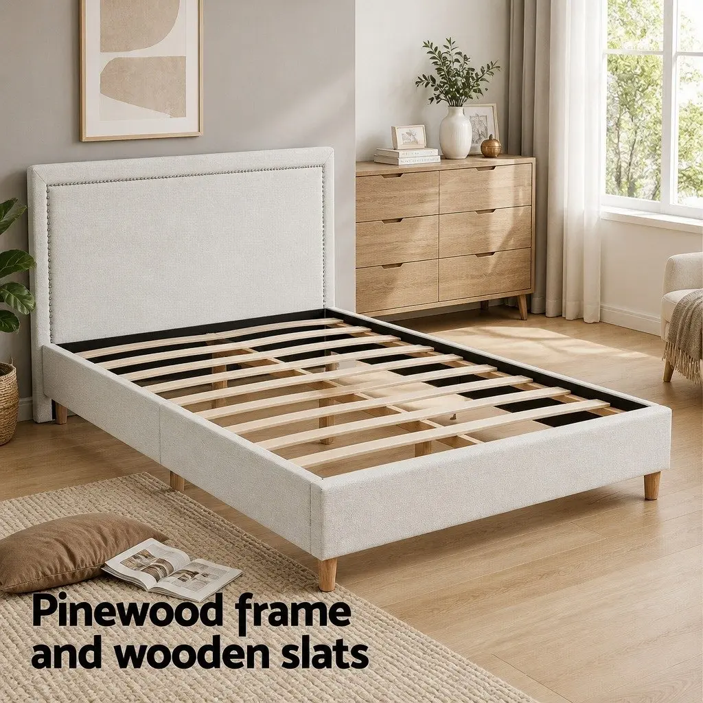 Beige Upholstered Queen Bed Frame with Platform Base