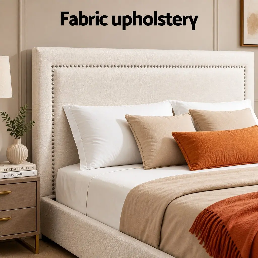 Beige Upholstered Queen Bed Frame with Platform Base