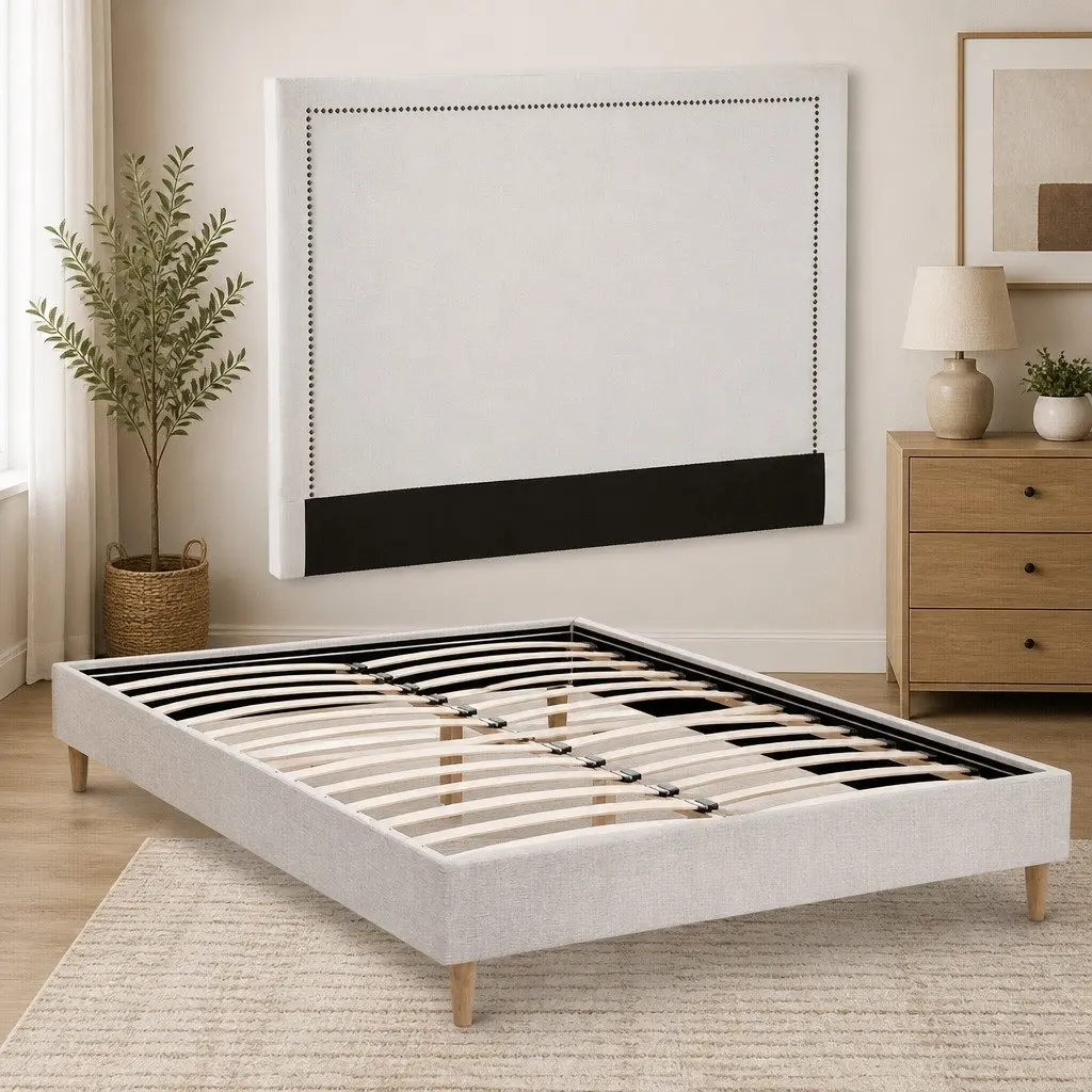 Beige Upholstered Queen Bed Frame with Platform Base