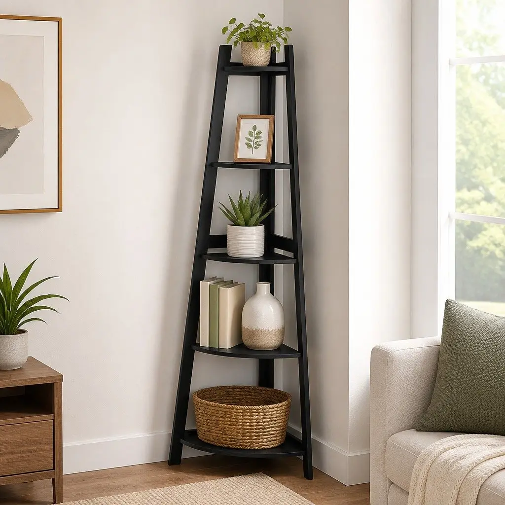 5 Tier Black Corner Shelf for Home Storage