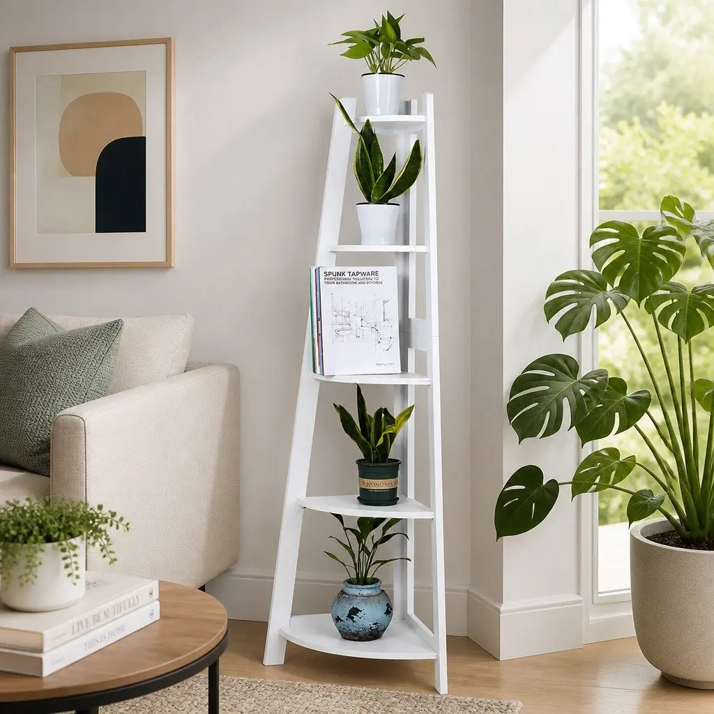 5 Tier Corner Shelf Storage Organizer White Wooden Display Unit for Kids Bedroom