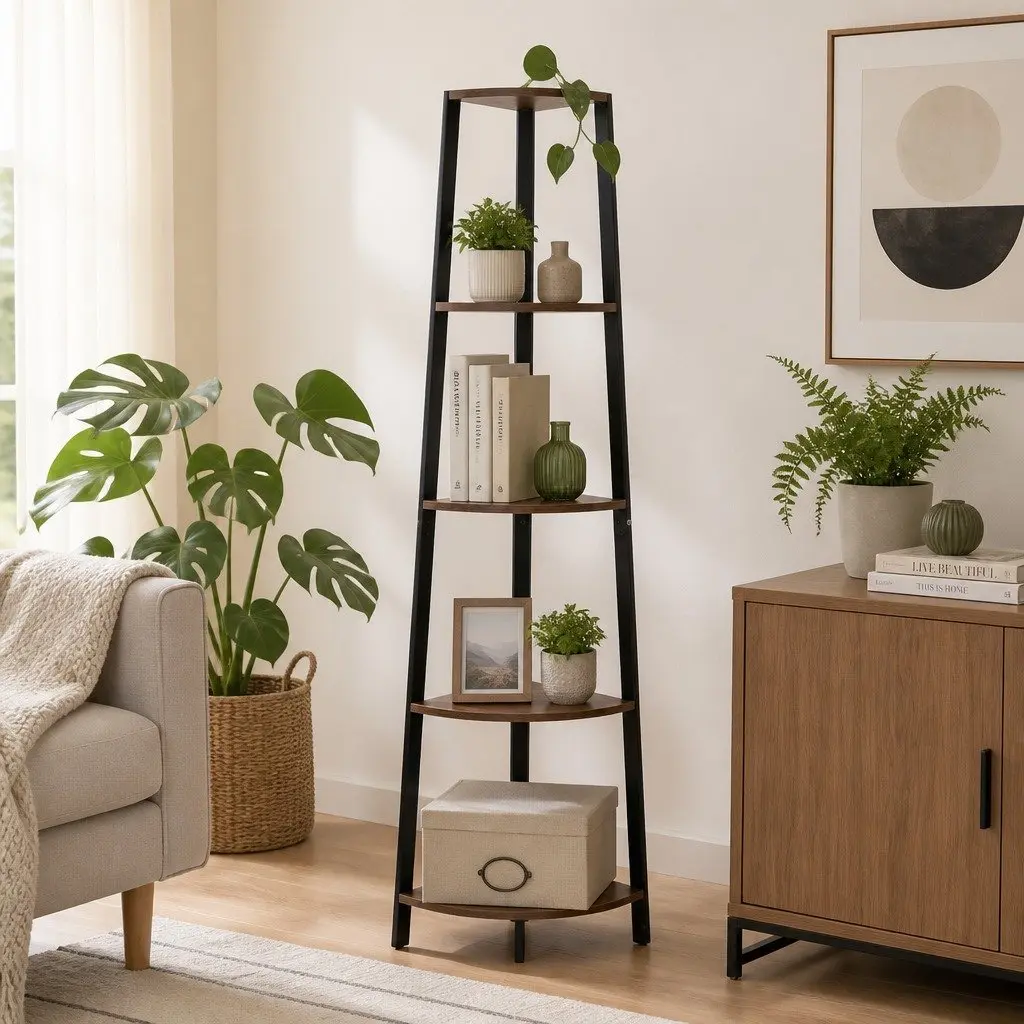 5 Tier Corner Shelf Industrial Ladder Bookcase Brown MDF Steel