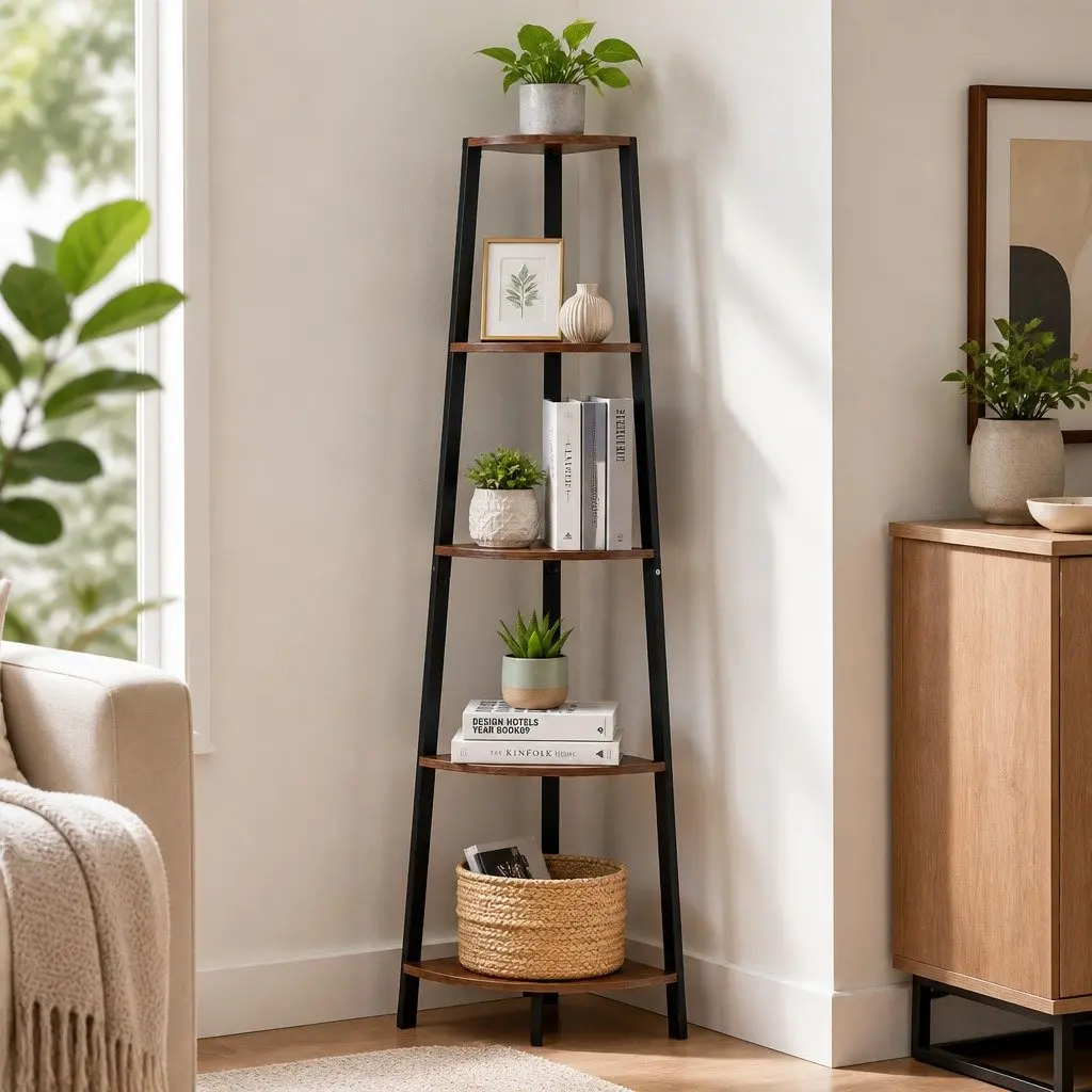 5 Tier Corner Shelf Industrial Ladder Bookcase Brown MDF Steel