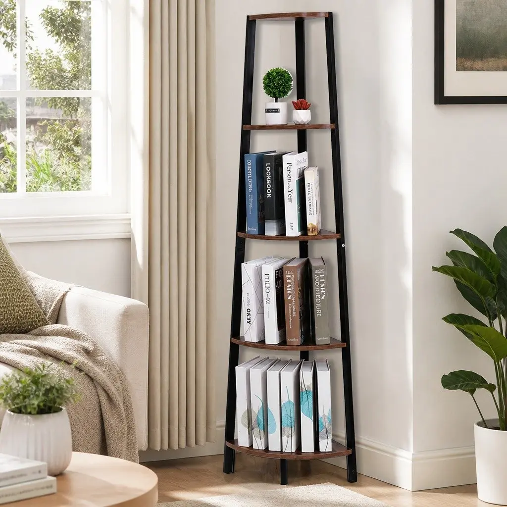 5 Tier Corner Shelf Industrial Ladder Bookcase Brown MDF Steel
