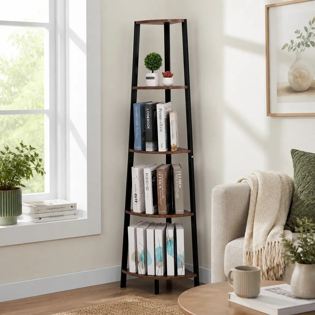 5 Tier Corner Shelf Industrial Ladder Bookcase Brown MDF Steel
