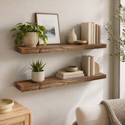 Set of 2 Wall Mounted Floating Shelves in Natural Wood
