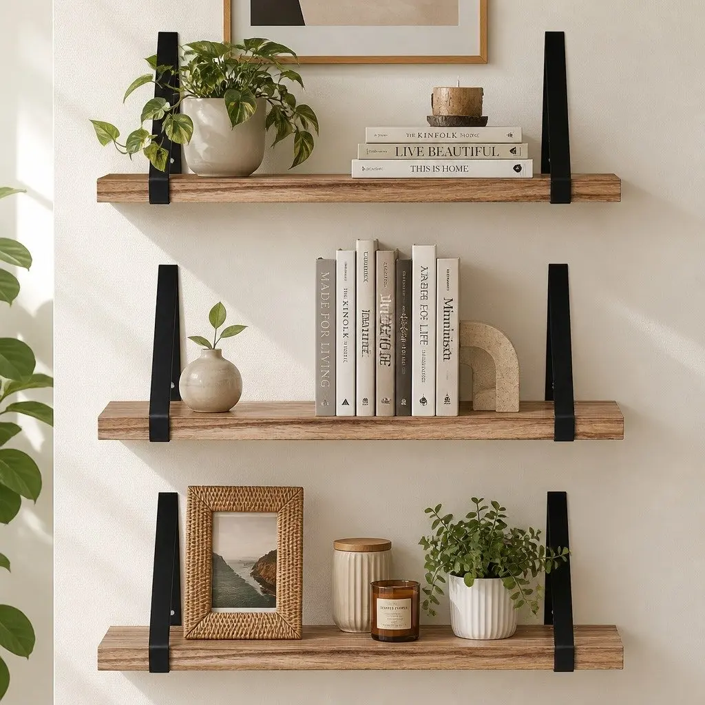 Floating Shelf Wooden Natural Rustic 3 Piece Wall Storage Display Rack