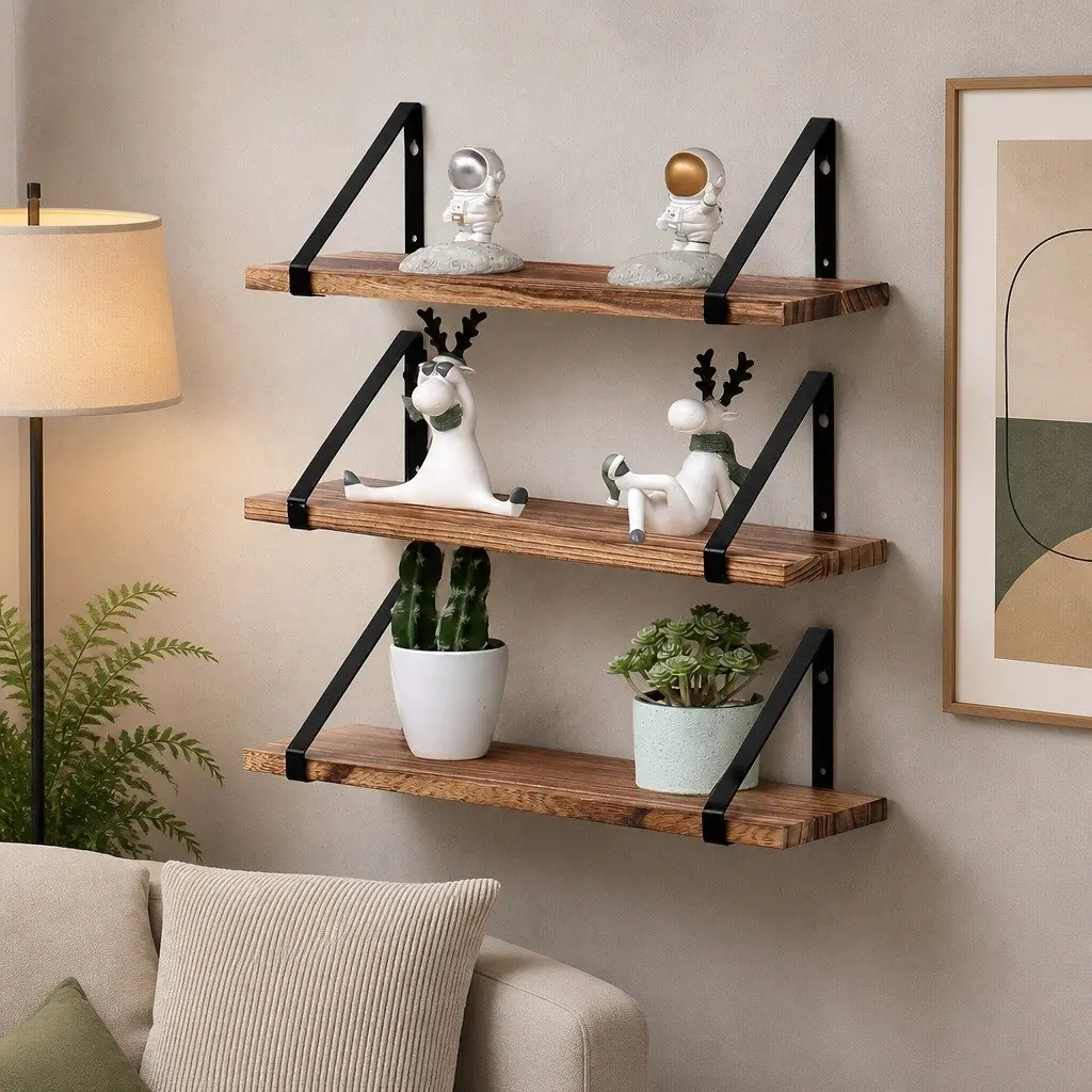 Floating Shelf Wooden Natural Rustic 3 Piece Wall Storage Display Rack