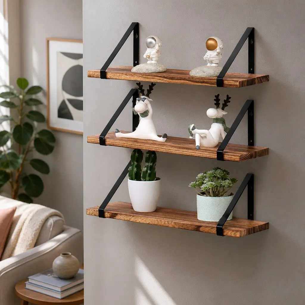 Floating Shelf Wooden Natural Rustic 3 Piece Wall Storage Display Rack