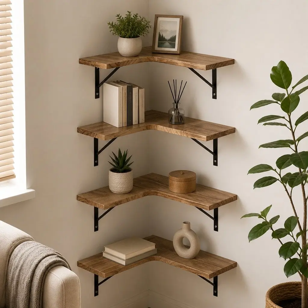Four Tier Wooden Floating Corner Shelf for Home Décor