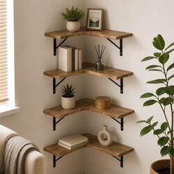 Four Tier Wooden Floating Corner Shelf for Home Décor