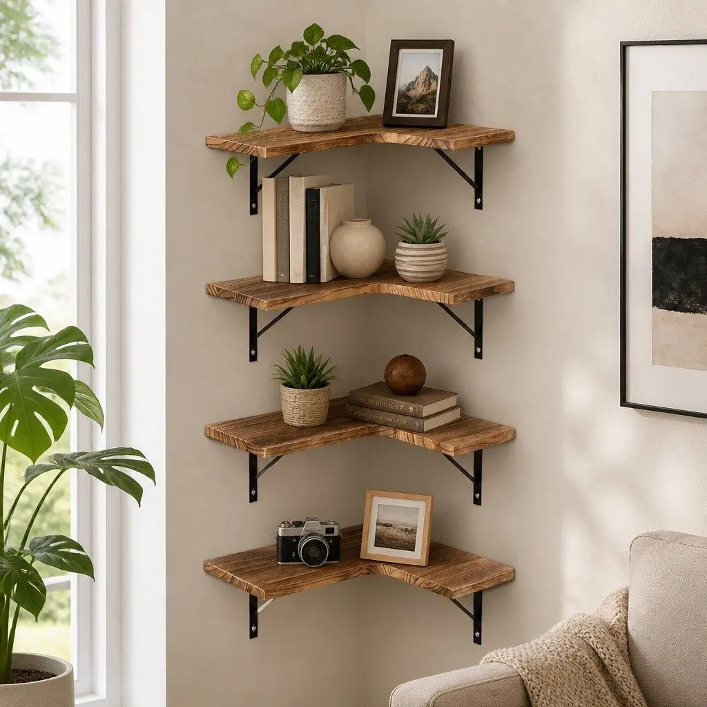 Four Tier Wooden Floating Corner Shelf for Home Décor