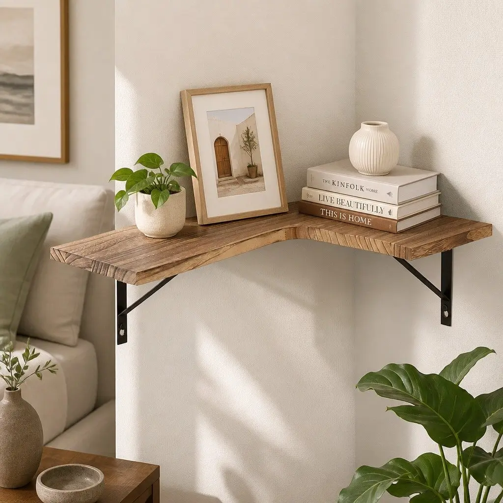 Four Tier Wooden Floating Corner Shelf for Home Décor
