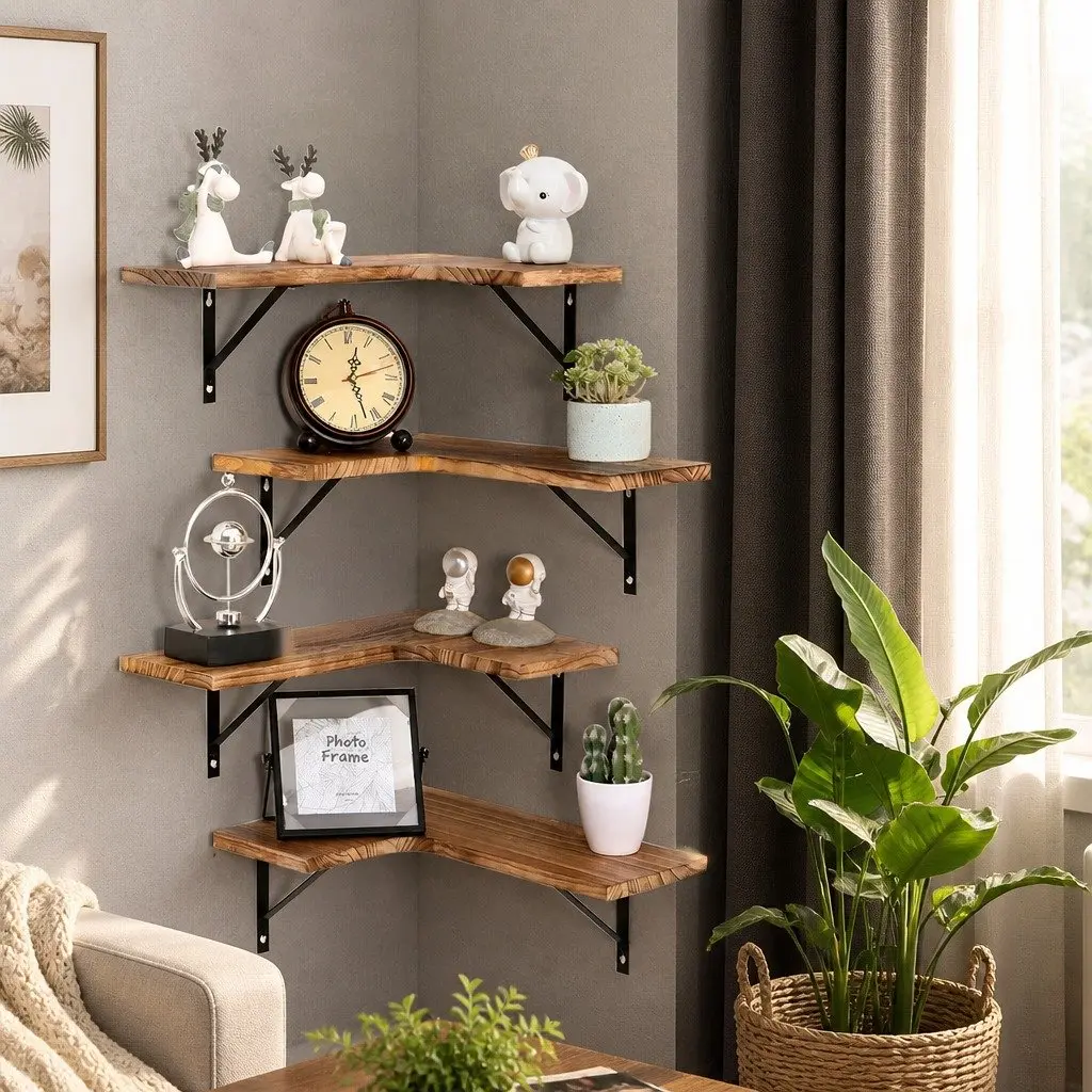 Four Tier Wooden Floating Corner Shelf for Home Décor