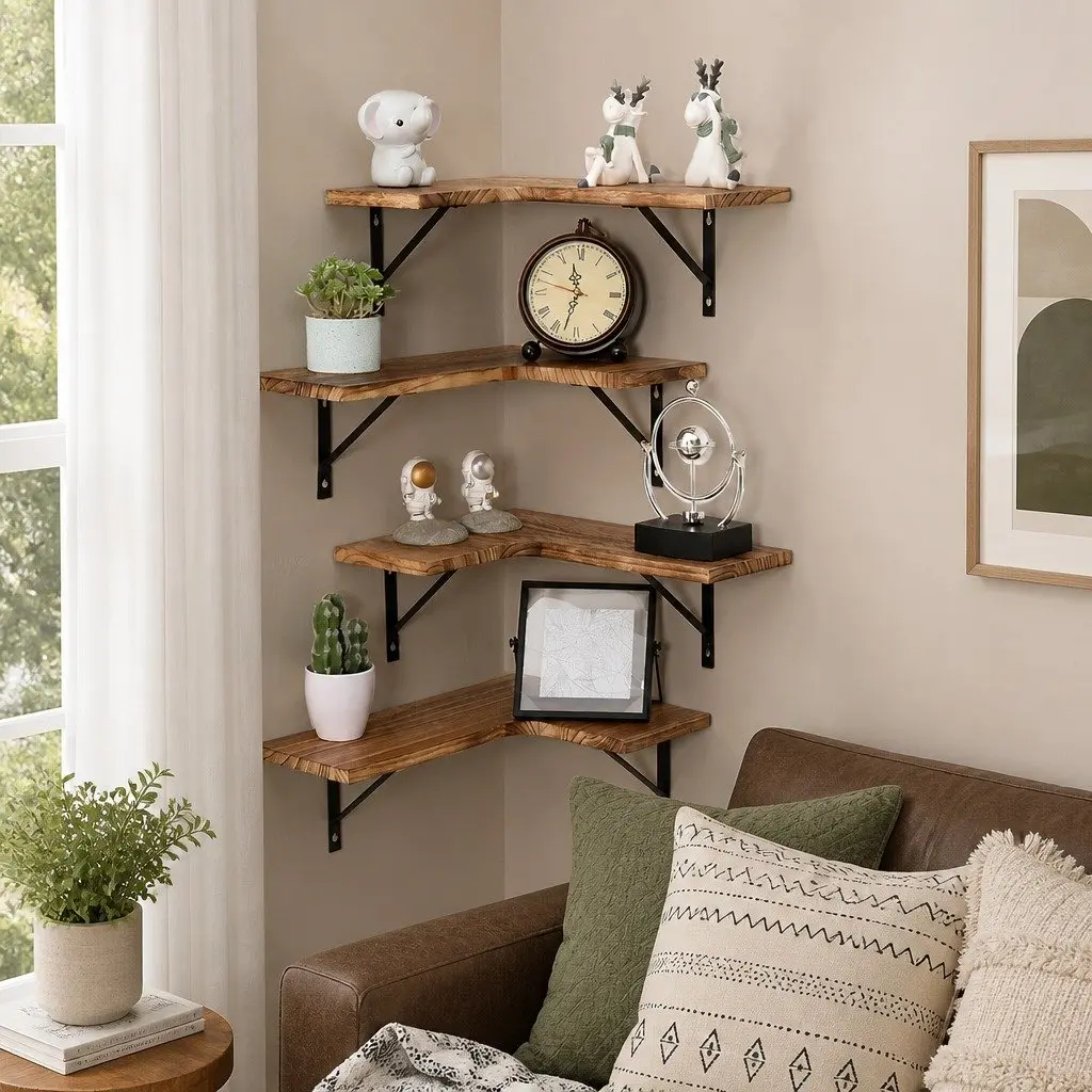 Four Tier Wooden Floating Corner Shelf for Home Décor