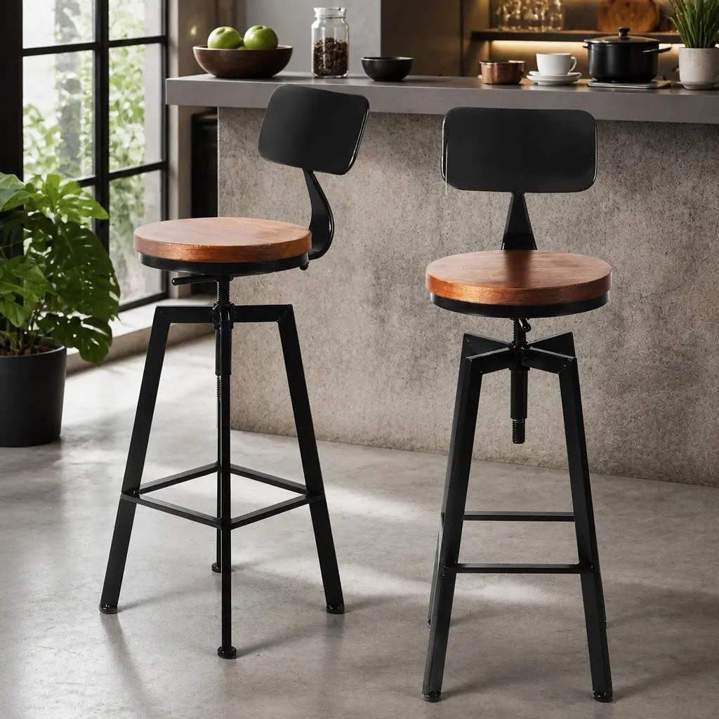 Bar Stool Kitchen Counter Height Swivel Adjustable Wooden Metal Seat 70-88cm