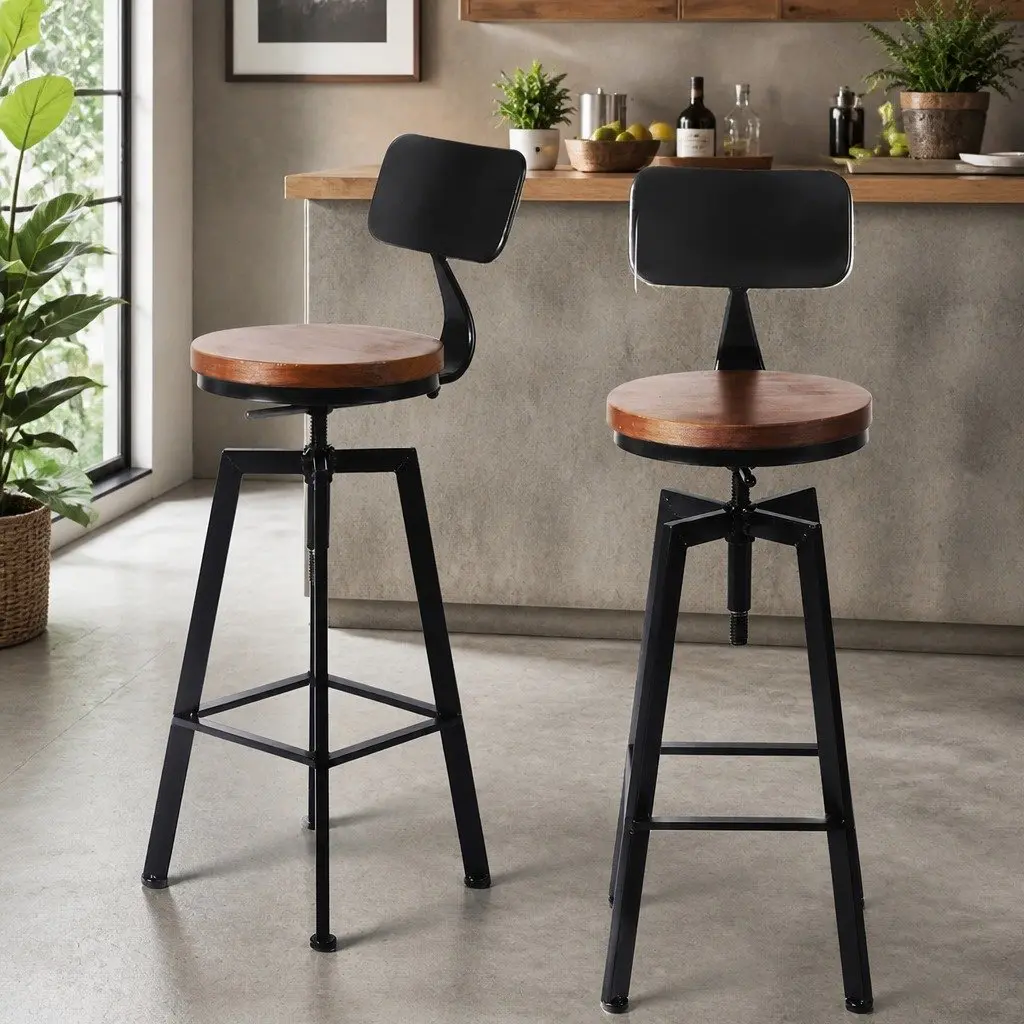 Adjustable Swivel Bar Stool with Pinewood Seat