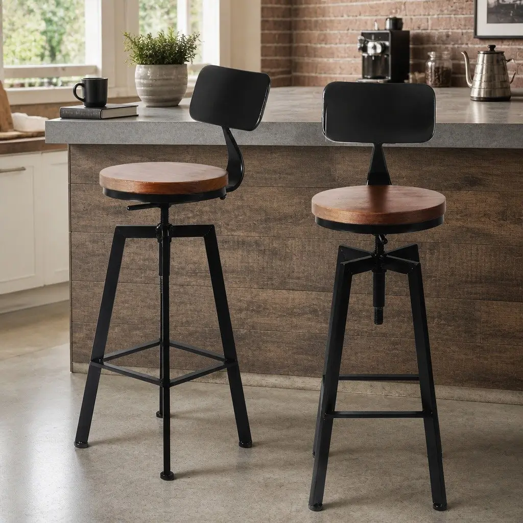 Adjustable Swivel Bar Stool with Pinewood Seat