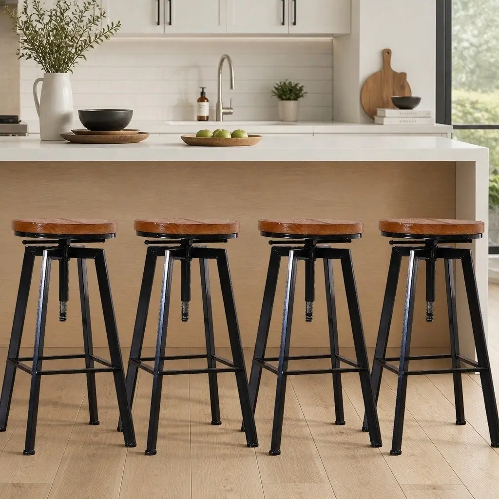Bar Stools Industrial Kitchen Set 4 Swivel Adjustable Height Wooden Seat Metal