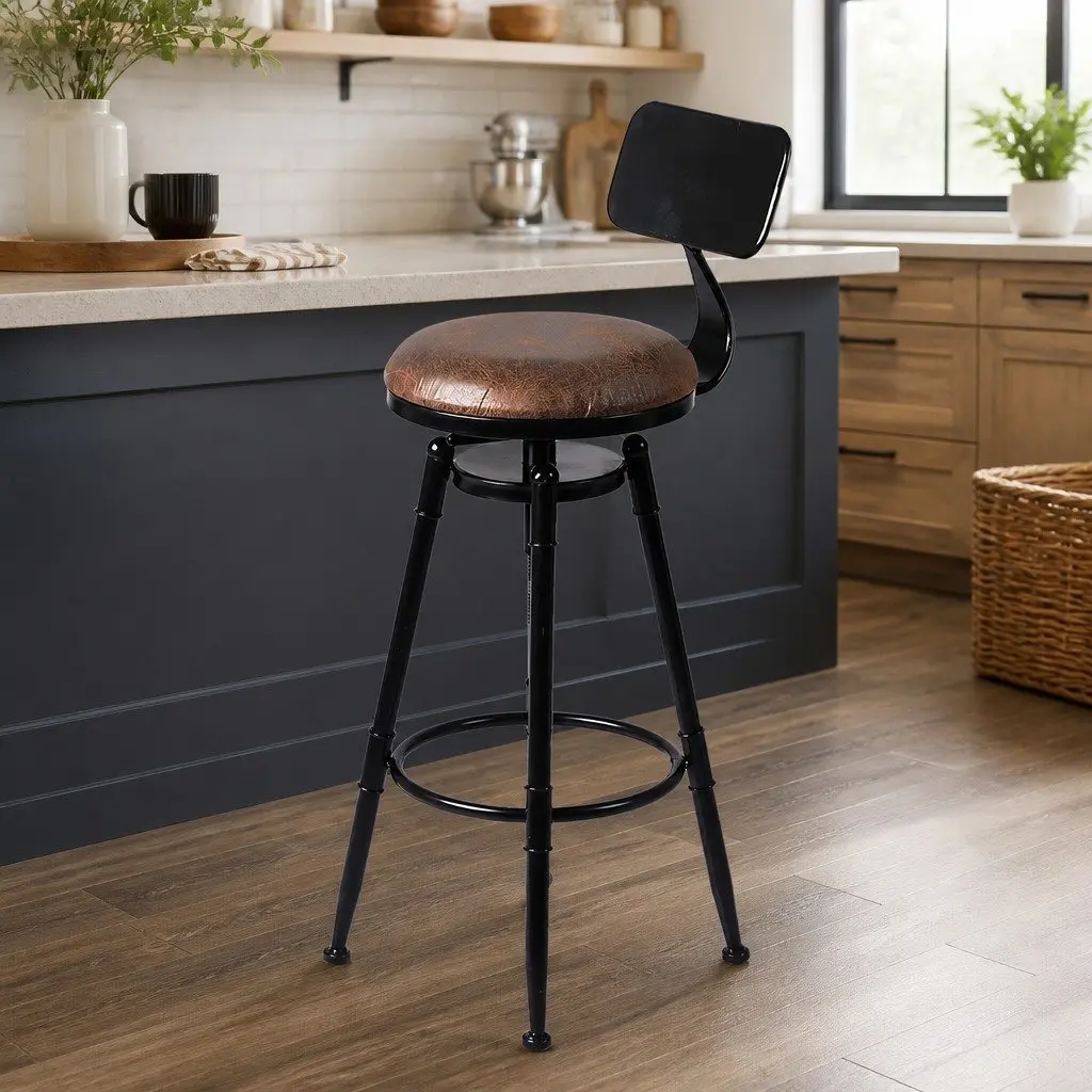 Industrial Bar Stool Adjustable Swivel Counter Height Brown PU Leather Steel