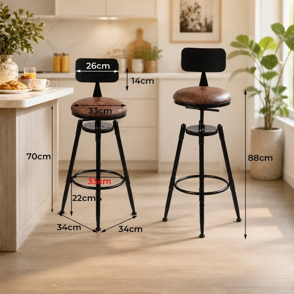 Industrial Bar Stool Adjustable Swivel Counter Height Brown PU Leather Steel