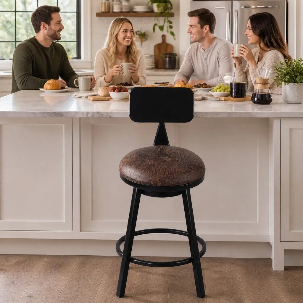 Industrial Bar Stool Adjustable Swivel Counter Height Brown PU Leather Steel