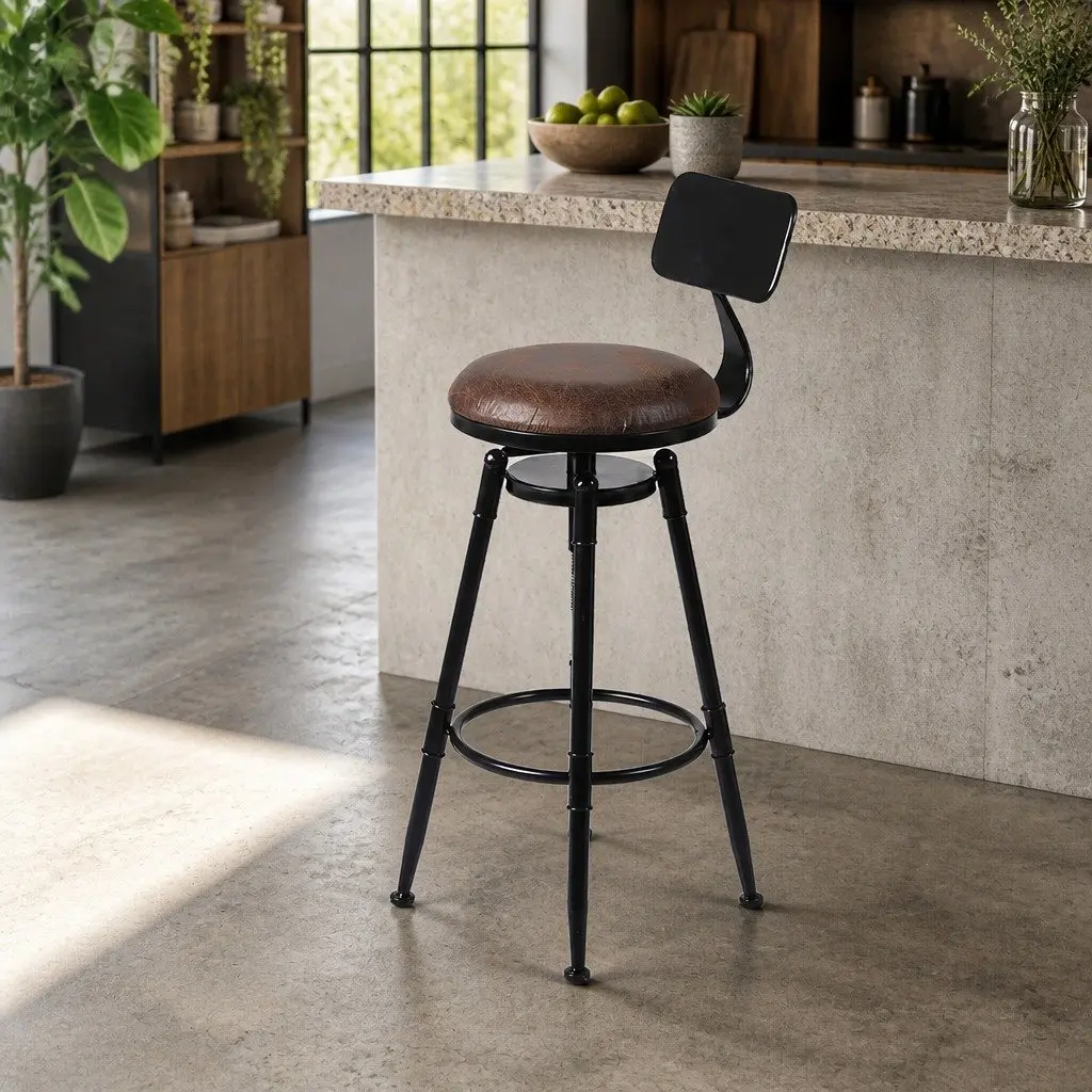 Industrial Bar Stool Adjustable Swivel Counter Height Brown PU Leather Steel