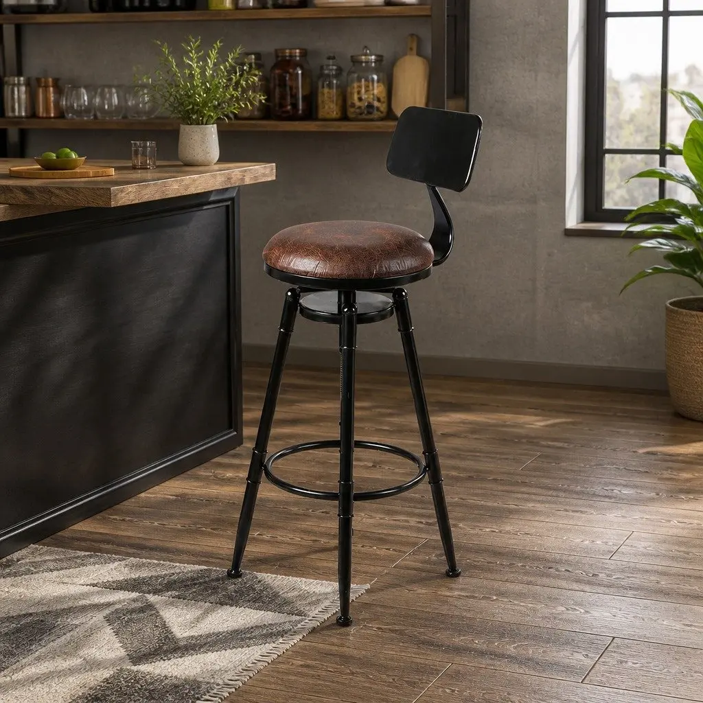 Industrial Bar Stool Adjustable Swivel Counter Height Brown PU Leather Steel